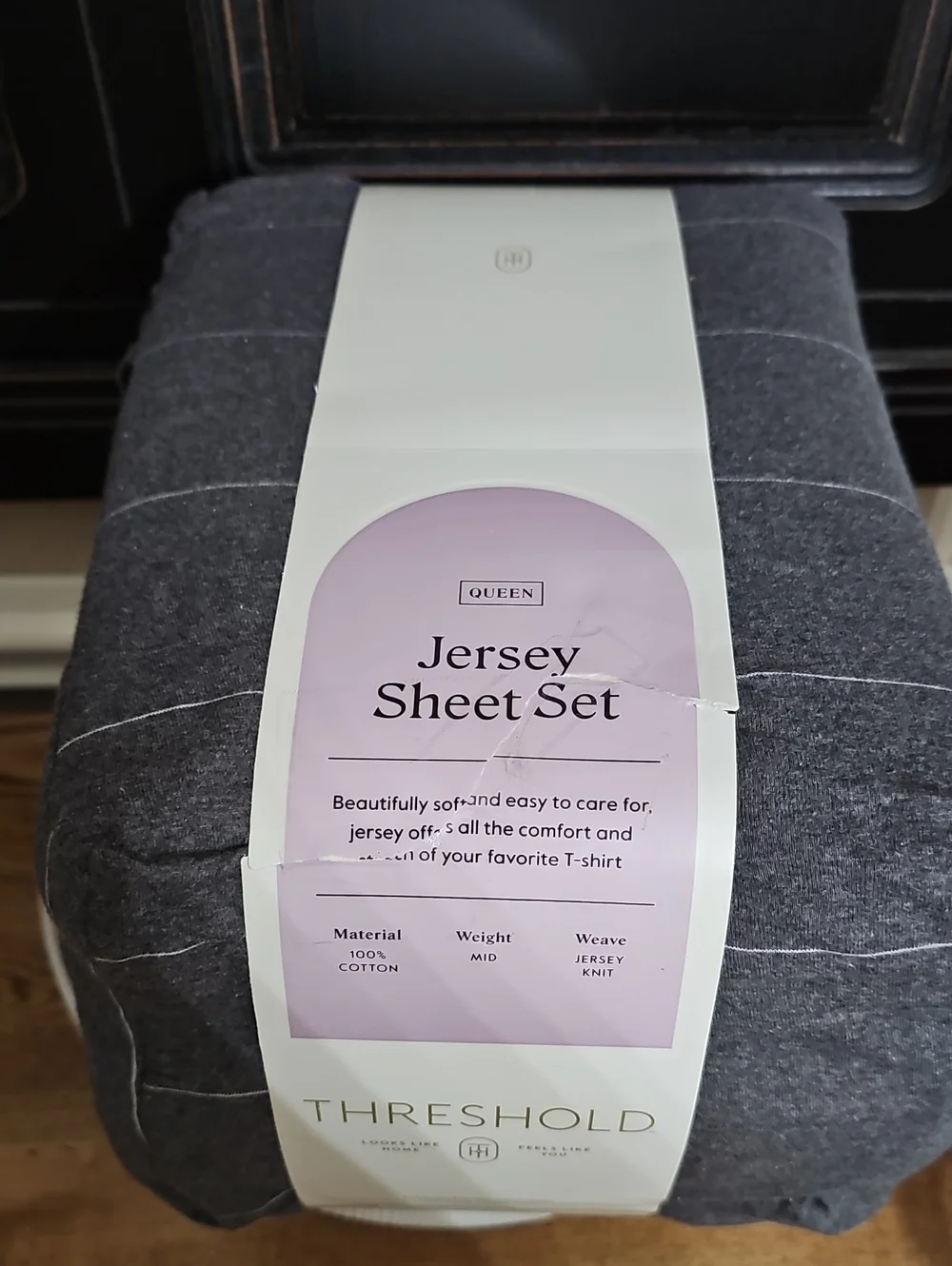 Threshold - Queen Cotton Jersey Sheet Set Grey with White Pinstripes, New
